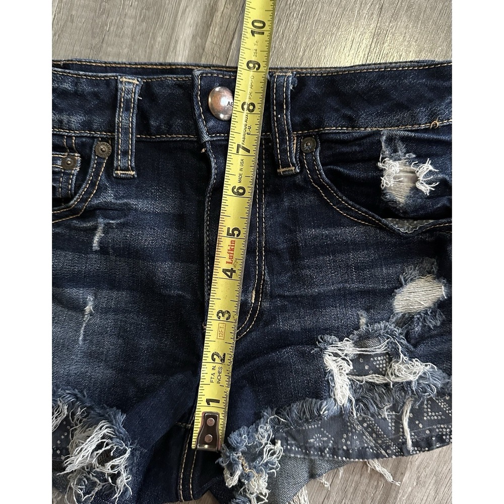 American Eagle Distress Denim Shorts Dark Wash Frayed Hem Size 00 Super Stretch - Picture 10 of 12